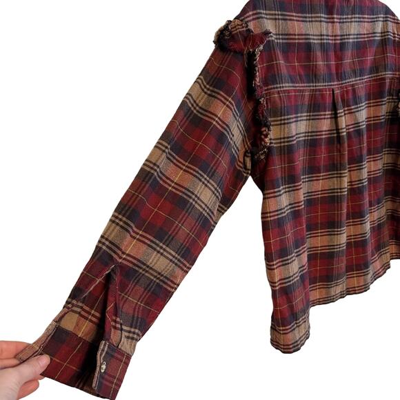 Something Navy Ruffle Flannel Shoulder Button Down Cotton Blouse Size Small EUC - Picture 7 of 7